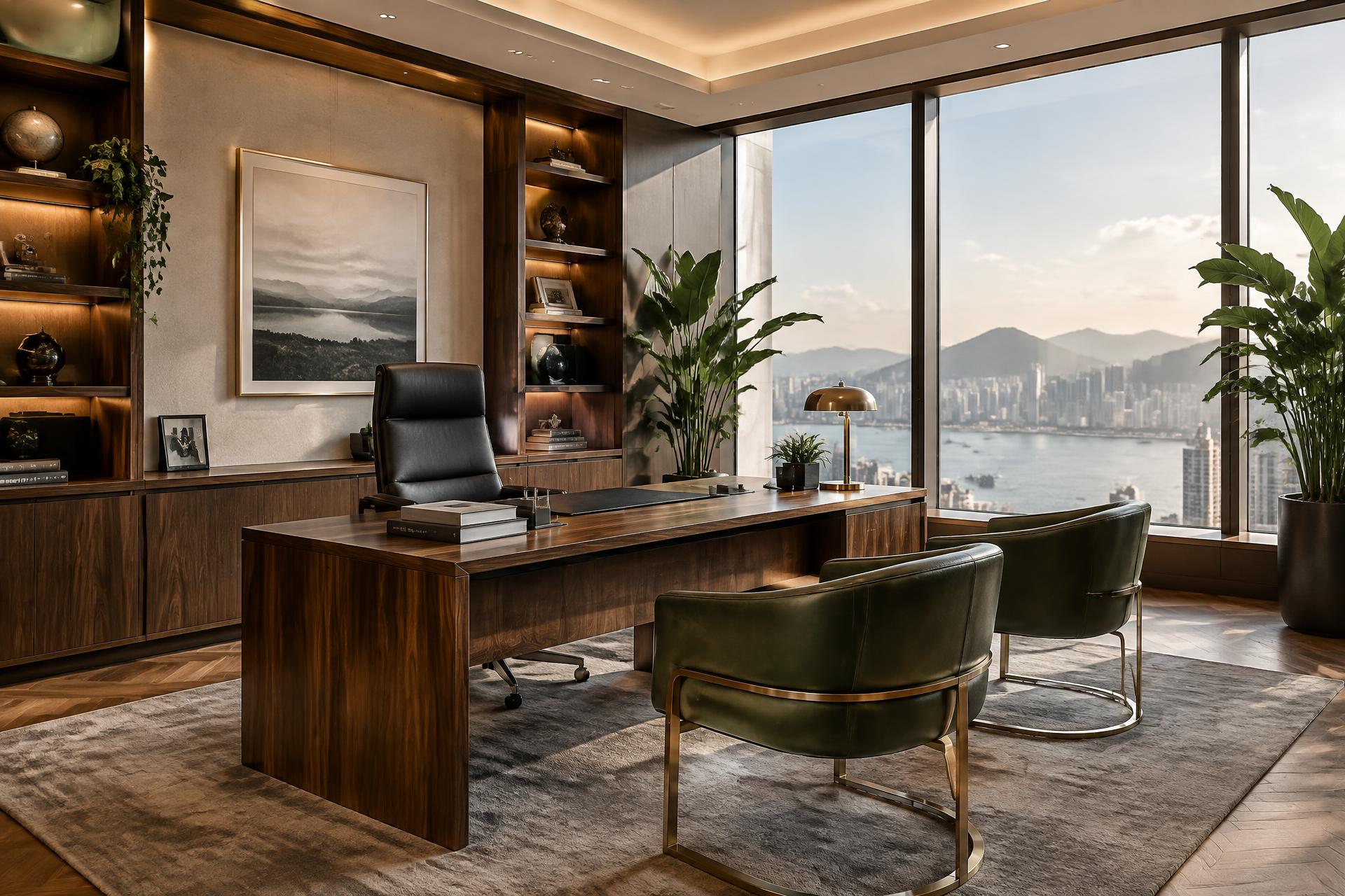 Furnished private executive office suite with a wood desk, leather chair, and large windows